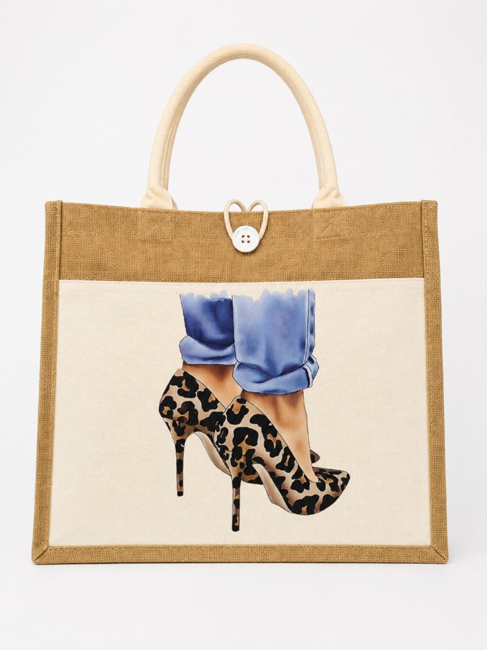 Leopard Heels & Cuffed Jeans Fashion Tote Bag | Jute Canvas